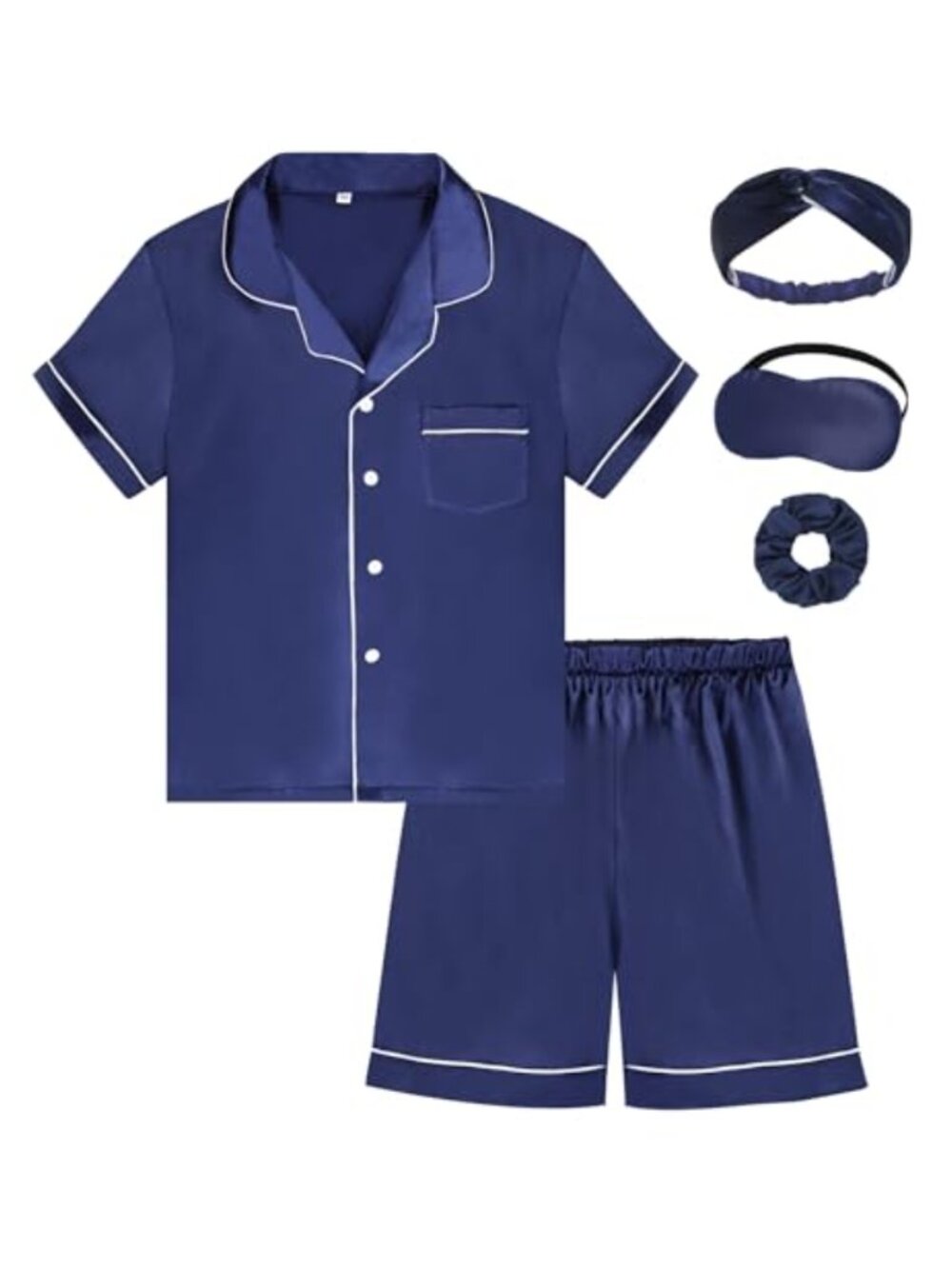 Kids Satin Pajama Set Button Down Silky Sleepwear with Hairband Eye Mask